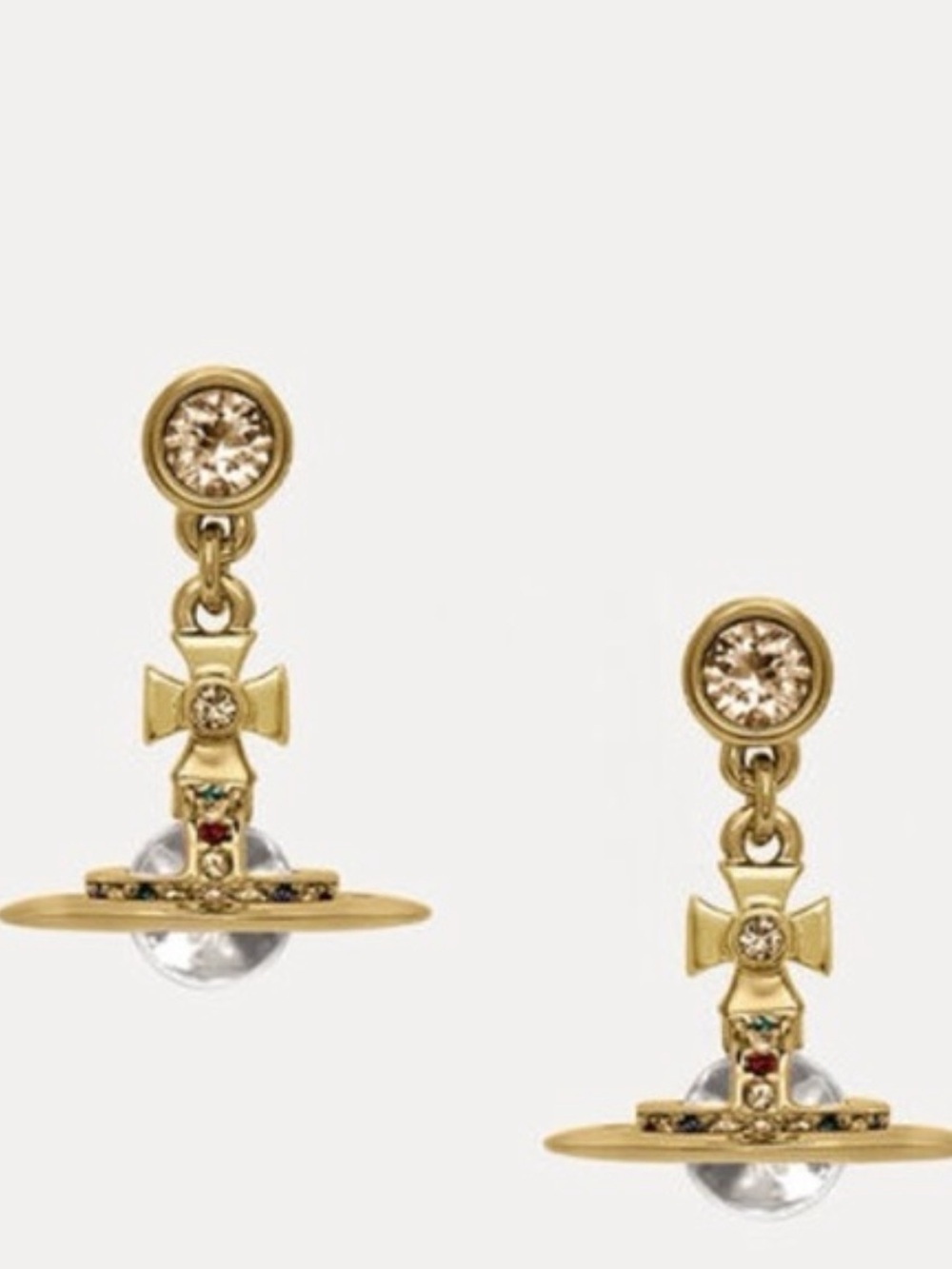Vivienne Westwood Gold Orb Drop Earrings with Red Green Blue Crystal Accents